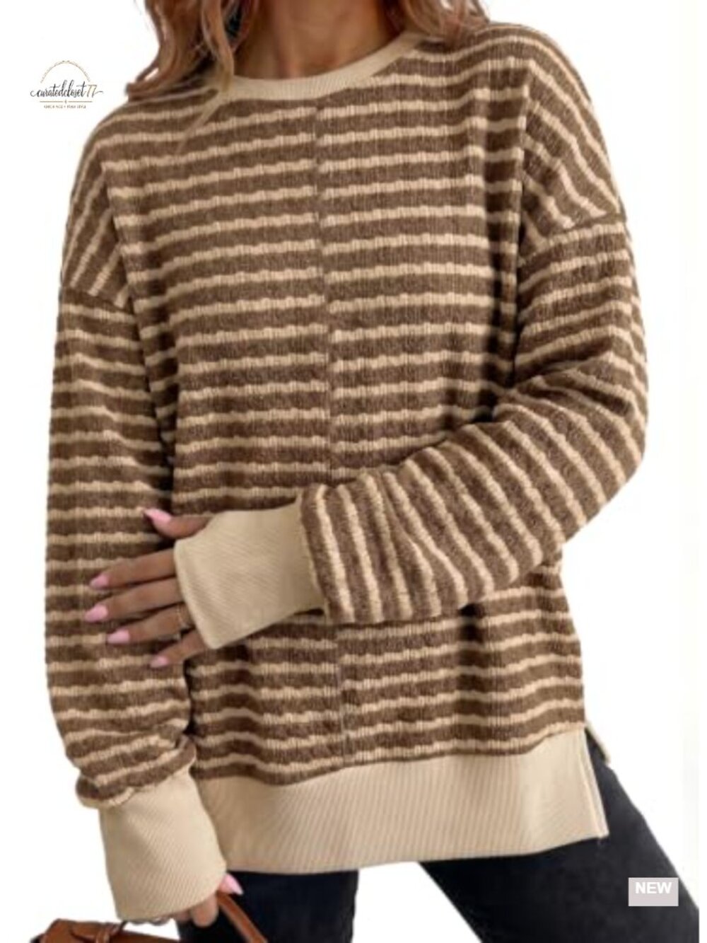 Womens Striped Crew Neck Sweatshirt Side Slit Pullover Long Sleeve